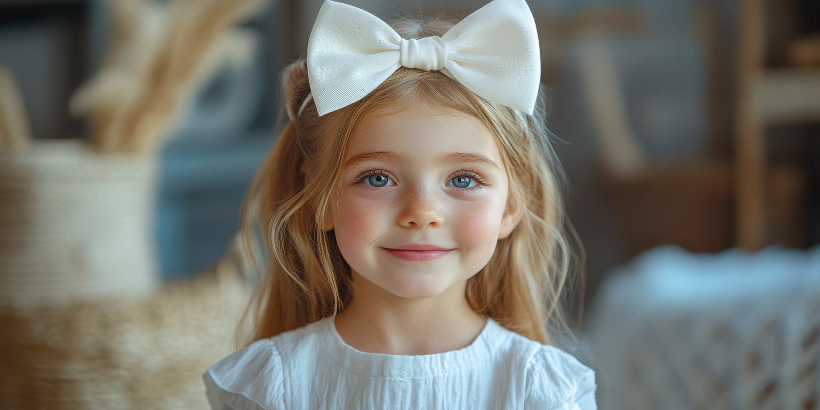 Smiling girl with blonde hair wearing a white dress and large bow stands indoors in a cozy setting with neutral decor
